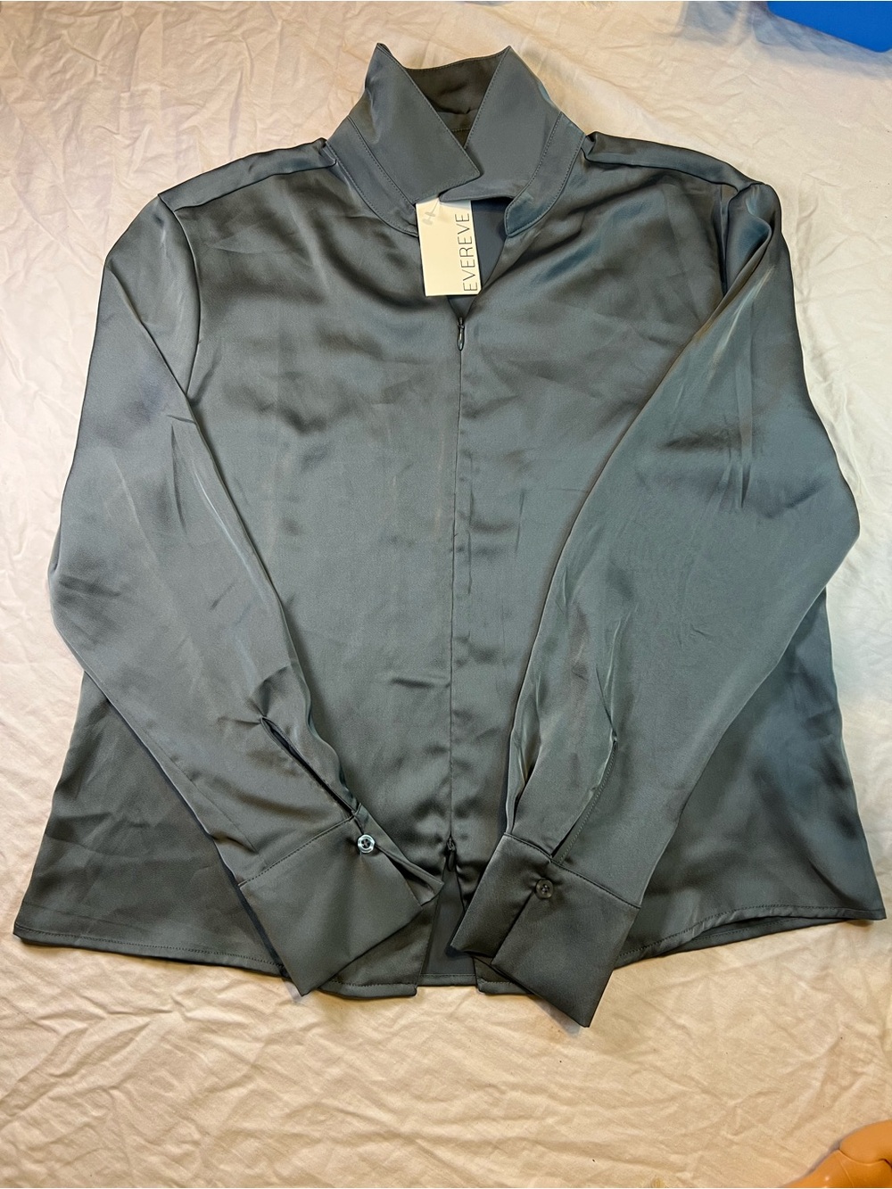 Evereve Slate Satin Button-Front Blouse